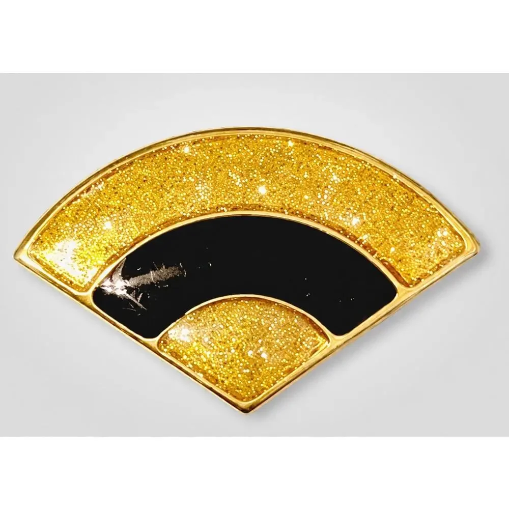 Vintage Black Enamel Geometric‎ Brooch Pin Art Deco Gold Tone 1 5/8